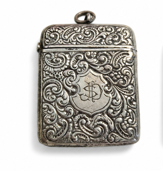 Antique Silver Plated Vesta Case Engraved Scroll Monogram Match Safe Pocket Stri