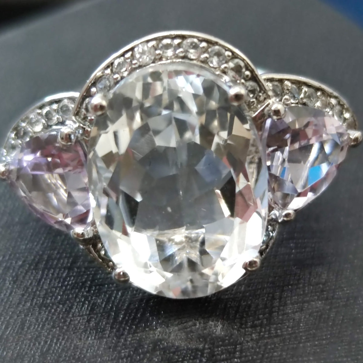 Sterling Silver Quartz Diamond Ring Size Q Stamped 925 Cocktail Statement 7.9g