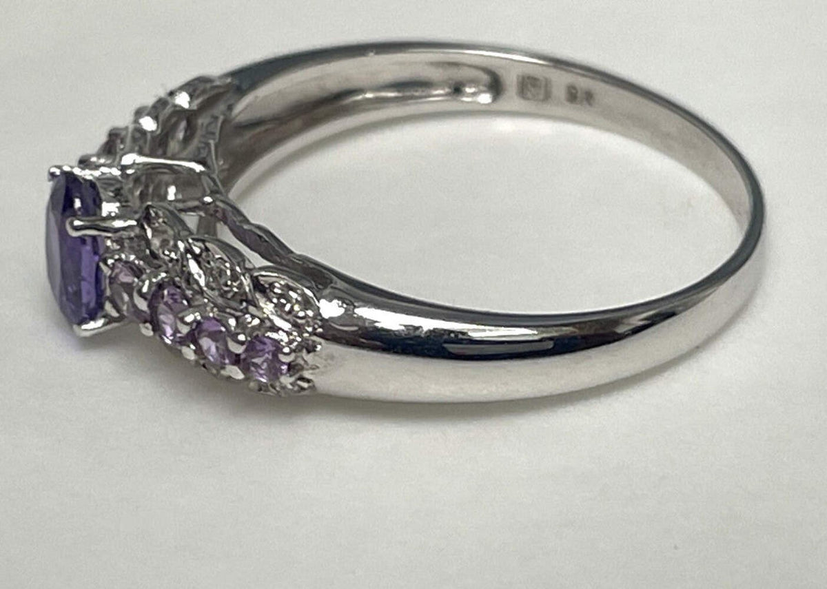 9ct White Gold Ring Amethyst and Diamond Solid Band Hallmark Size S