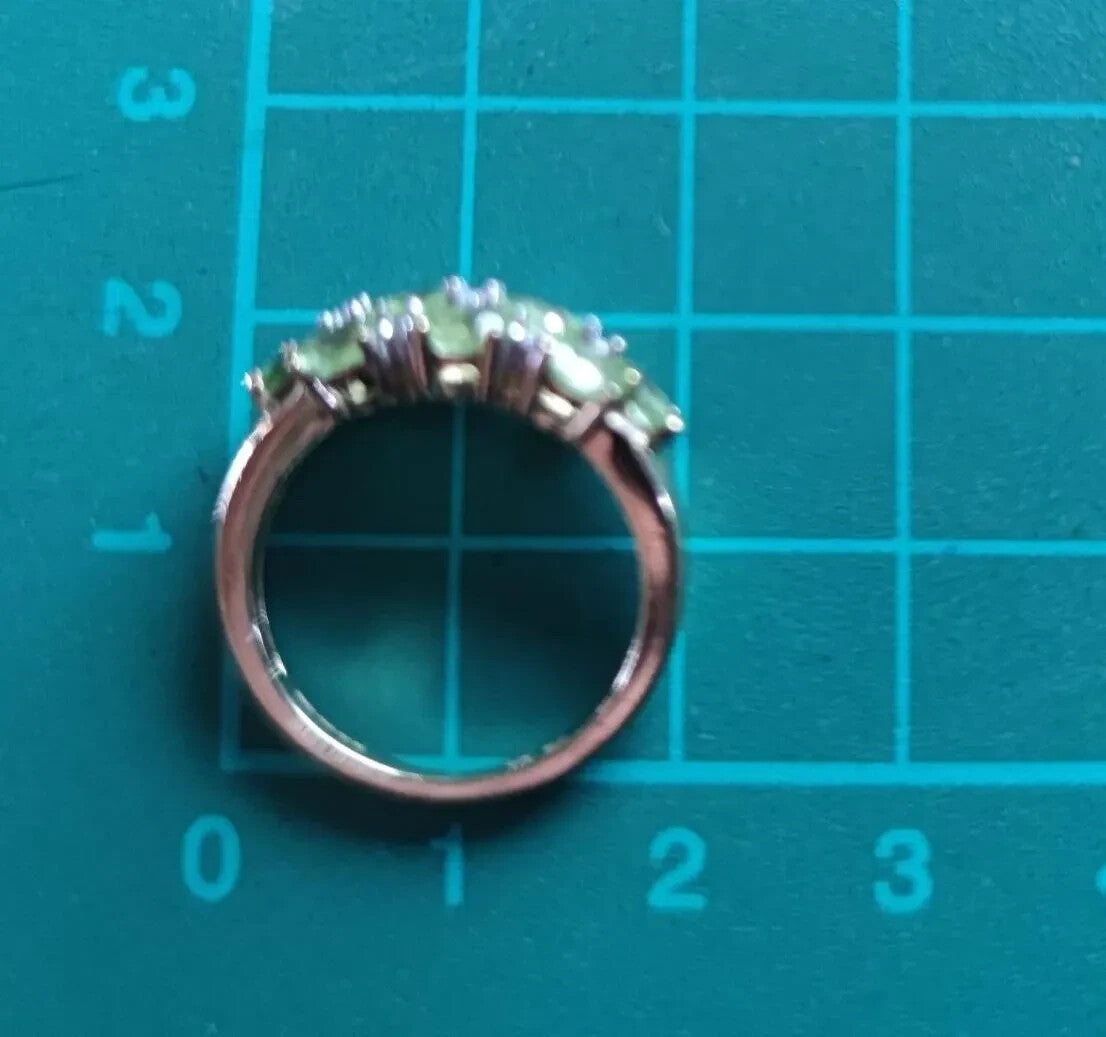9ct Gold Peridot Diamond Ring Size M Hallmark 375 3 Row Cluster Aug 2.8g
