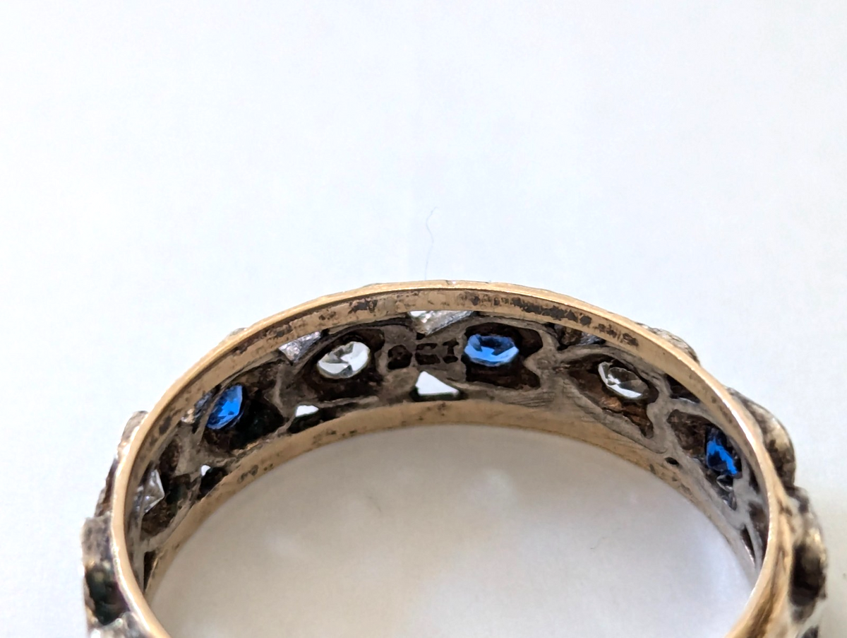 9ct Gold 925 Sterling Silver Spinel Blue Paste Ring Size L Eternity Band