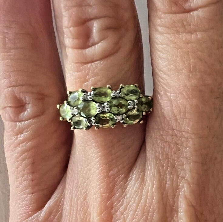 9ct Gold Peridot Diamond Ring Size M Hallmark 375 3 Row Cluster Aug 2.8g