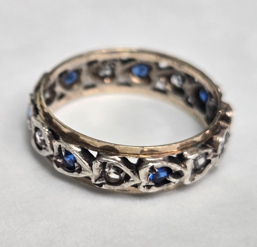 9ct Gold 925 Sterling Silver Spinel Blue Paste Ring Size L Eternity Band