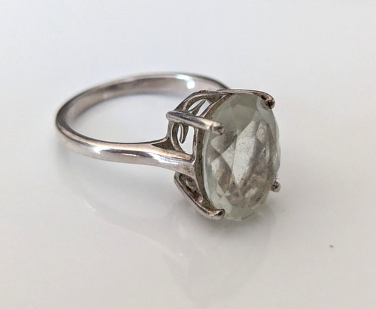 Silver Ring Quartz Green Oval Cut 925 Stamped Prongs Size P 1/2 3.8g