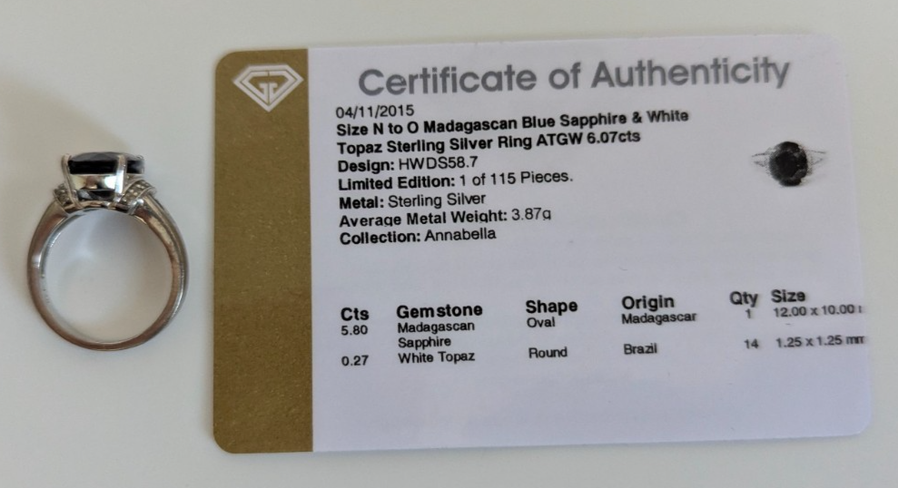 Silver Ring Sapphire Topaz 925 Stamped Size N 1/2 Certificate 5.2g