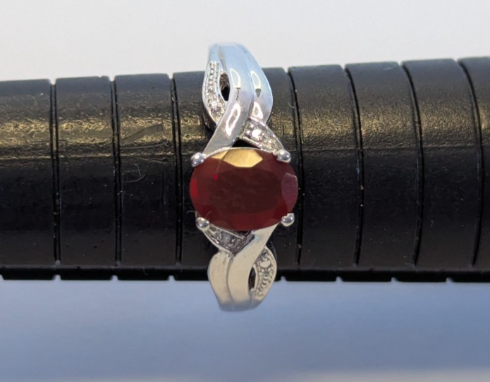 Silver Ring Ruby Diamond Stones 925 Stamped Size O 3.5g Prong Setting