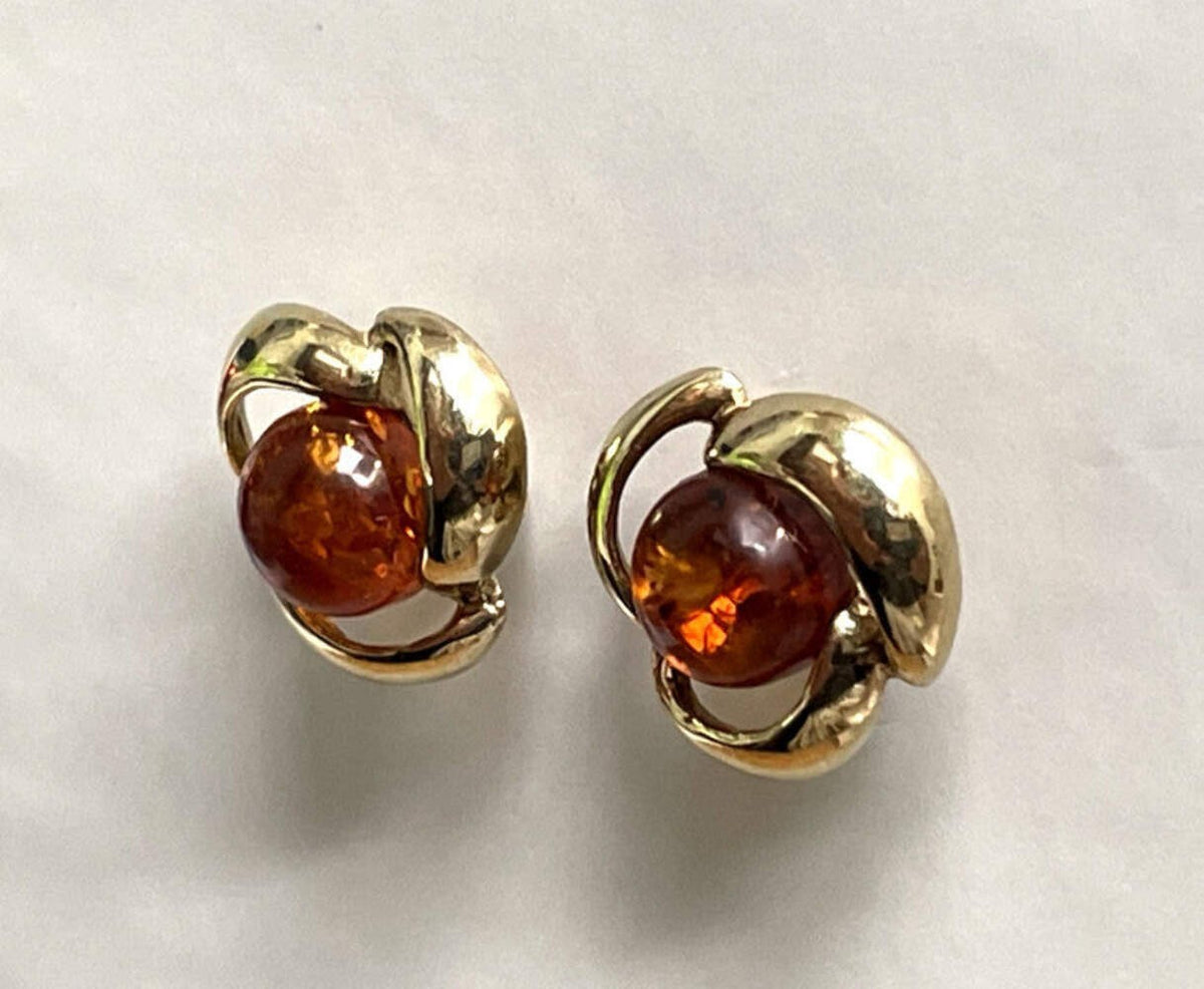 Vintage Amber Stud Earrings 9ct Yellow Gold 13.5mm x 9.1mm Orange Stones