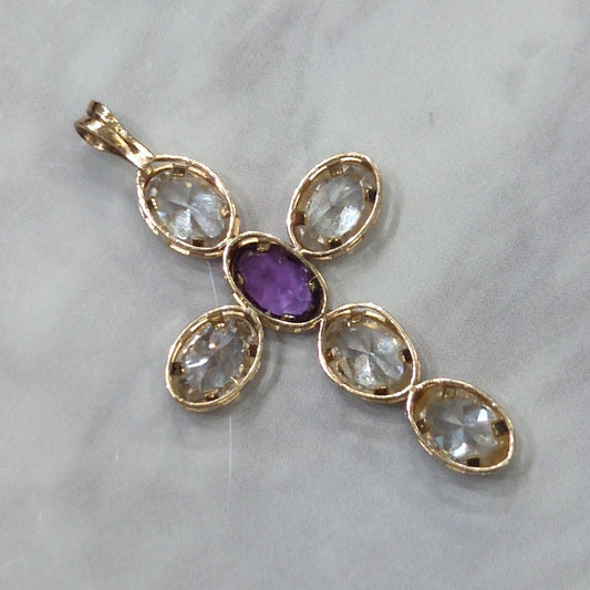 Cross Pendant 10ct Yellow Gold Cubic Zirconia Charm 32mm x 18mm 1.7g 6 Stones