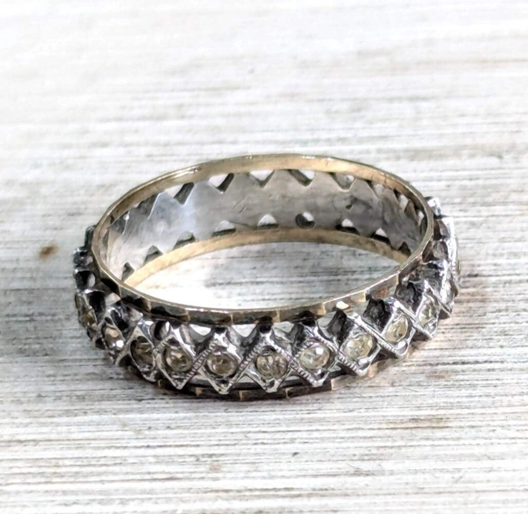 9ct Yellow Gold Silver CZ Full Eternity Ring Size P Hallmark Two Tone Band 2.8g