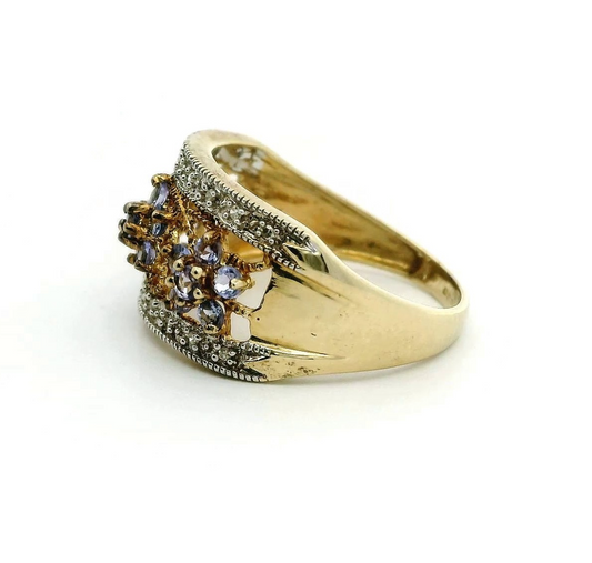 9ct Gold Filigree Ring Tanzanite Diamond Stones Size Q Metal Hallmarked 3.3g