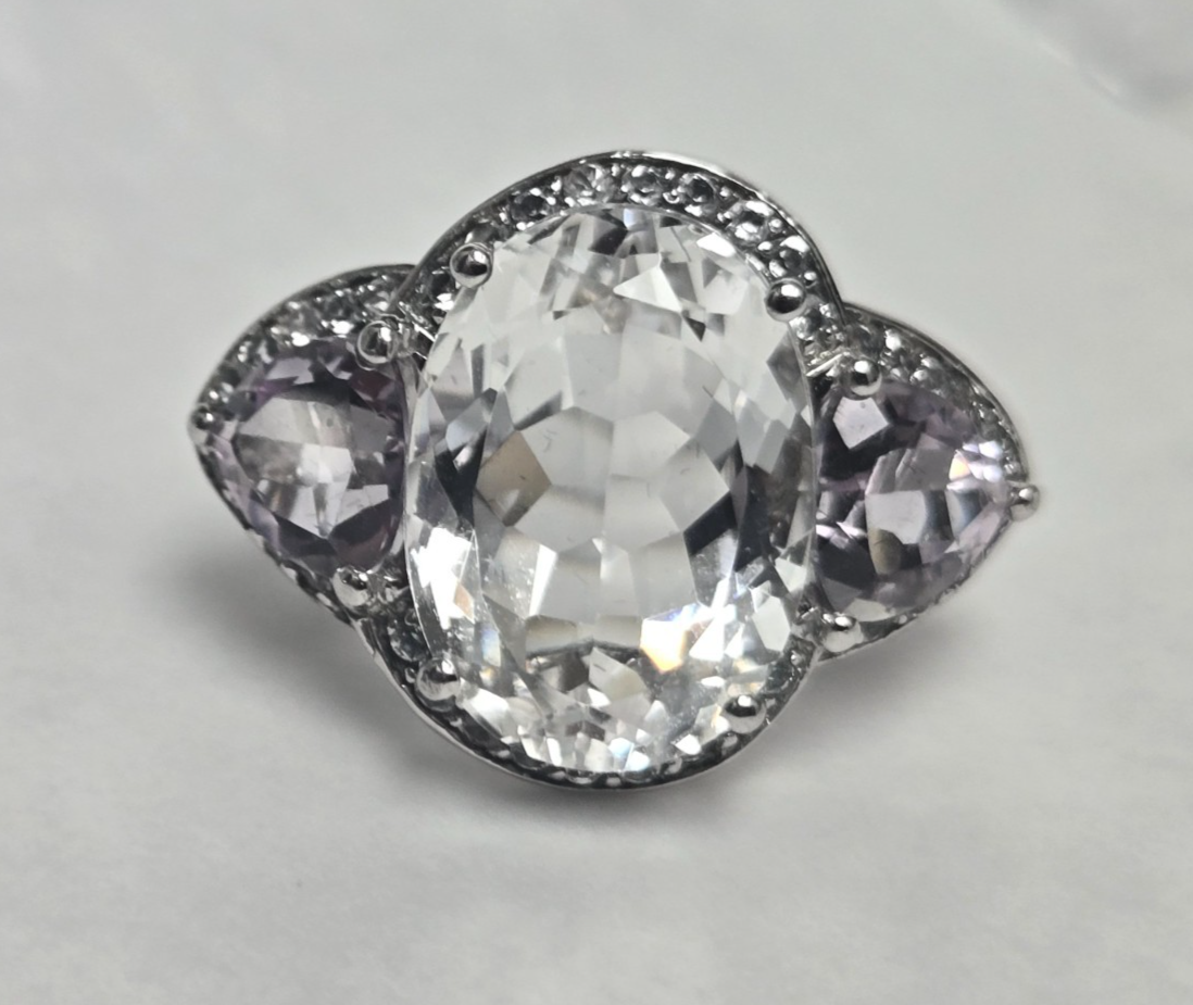 Sterling Silver Quartz Diamond Ring Size Q Stamped 925 Cocktail Statement 7.9g