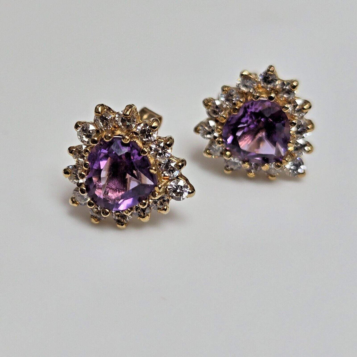 9ct Yellow Gold Stud Earrings Amethyst Stones Push Backs Size: 10mm x 15mm