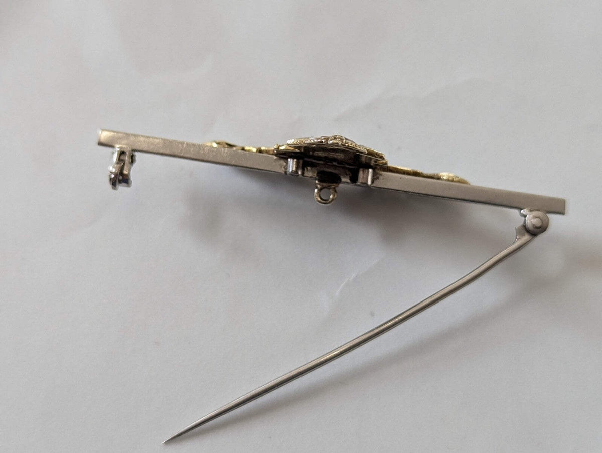 14ct Yellow Gold Tank Regiment Bar Brooch Enameled and Diamonds