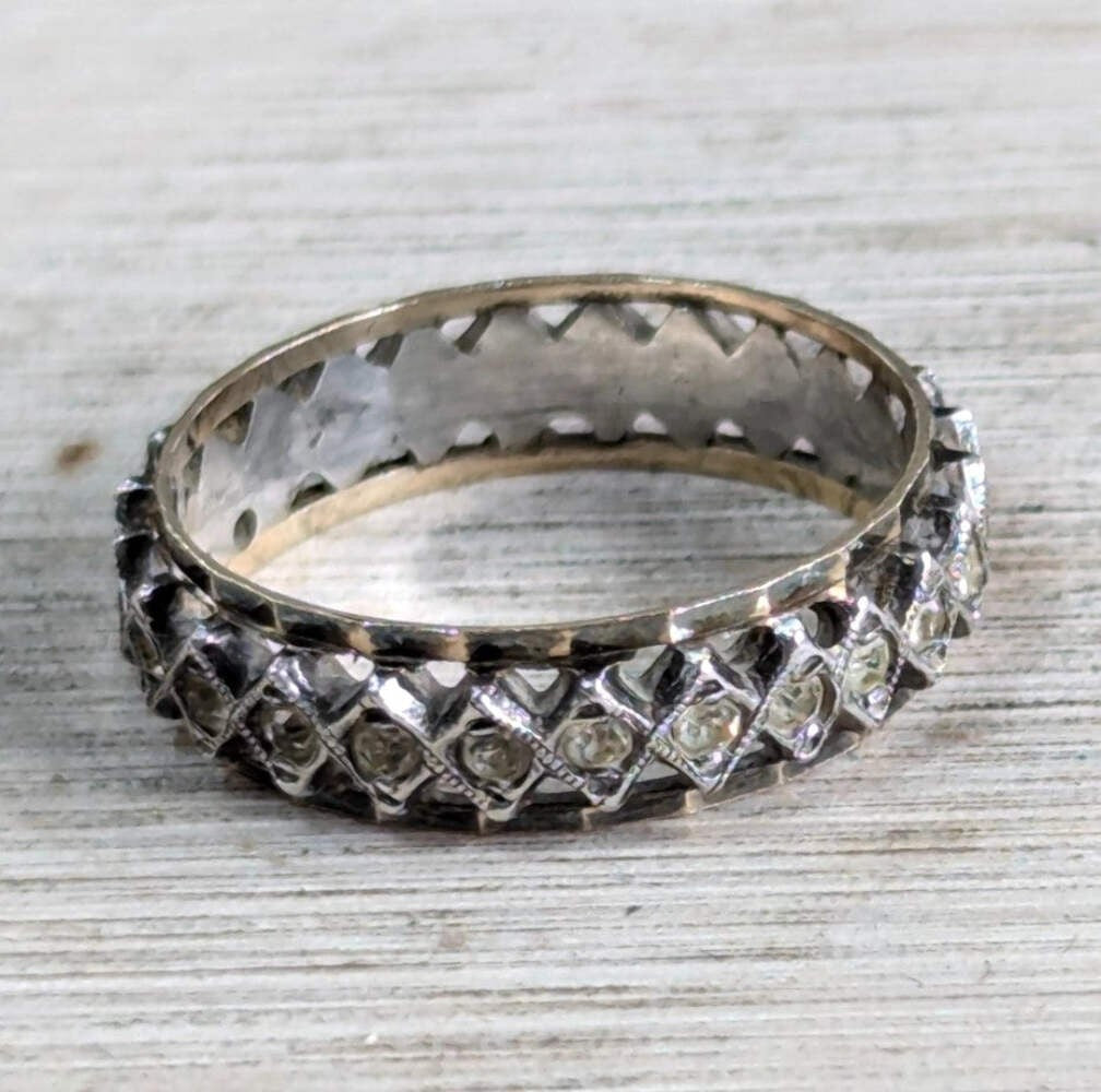 9ct Yellow Gold Silver CZ Full Eternity Ring Size P Hallmark Two Tone Band 2.8g