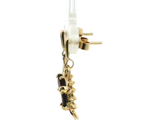 9ct Yellow Gold Garnet Drop Earrings Oval Red Gemstones Floral Openwork Design