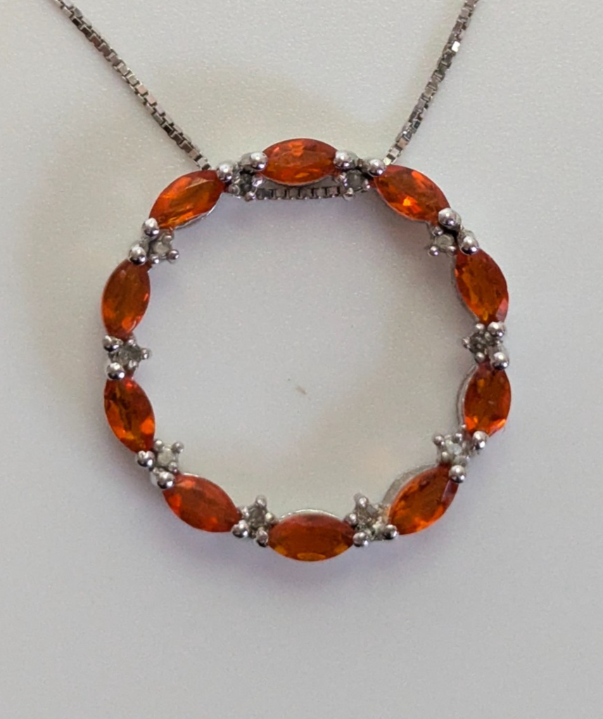 Silver Necklace Fire Opal Diamond Stones 925 Stamped 48cm Long 3.3g