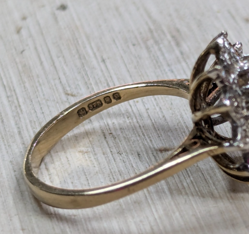 9ct Gold Ring Ruby & Diamond Cluster Hallmark Size N 1/2