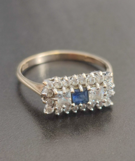 9ct Gold Ring Sapphire & Cubic Zirconia Hallmarked Size O 1/2
