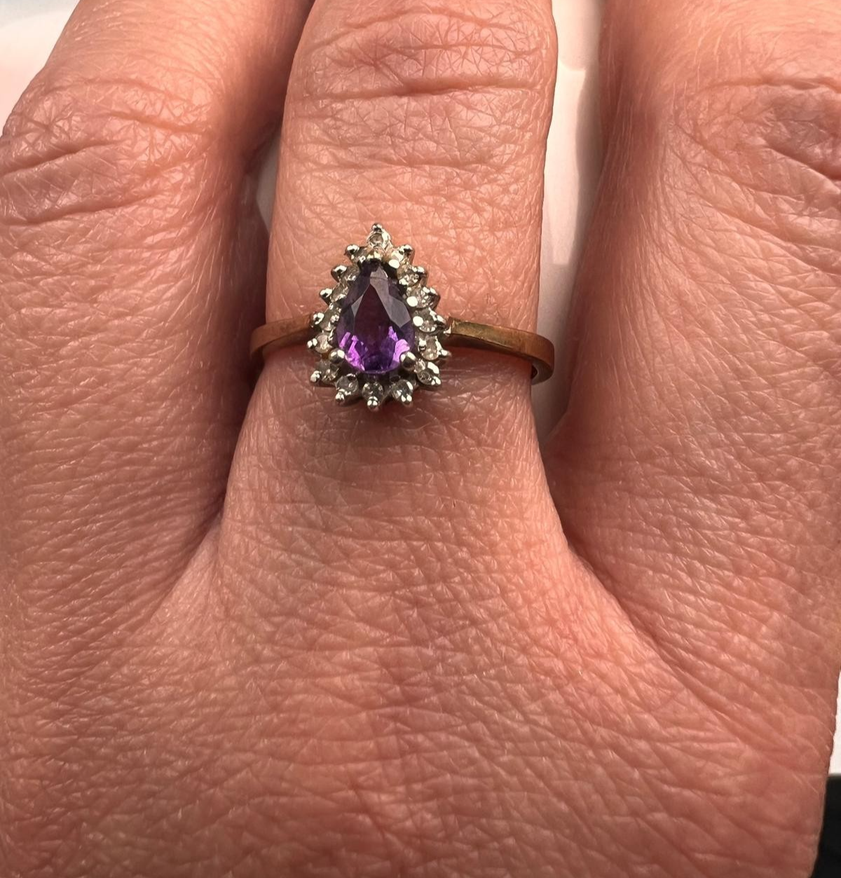9ct Gold Amethyst Diamond Ring Size O Hallmark 375 Pear Teardrop Cluster