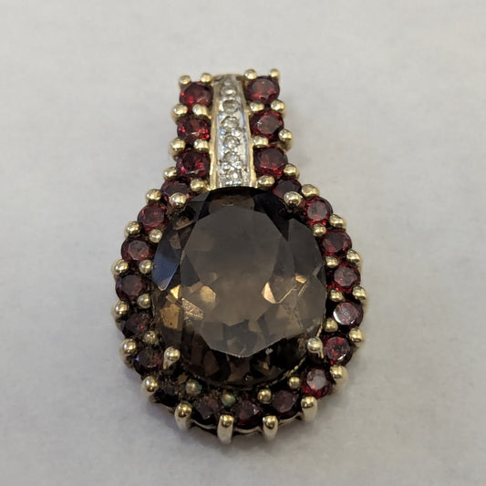 9ct Yellow Gold Pendant Quartz Diamond and Garnet Stones 23mm x 14mm Hallmarked