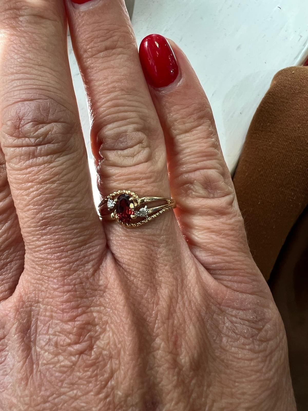 9ct Yellow Gold Red Garnet Diamond Trilogy Ring Birmingham Hallmarked Size M 1/2