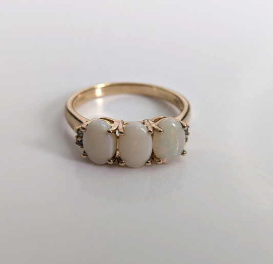 9ct Gold Ring Opal And Emerald Gemstones Solid Band Hallmark Size N 1/2
