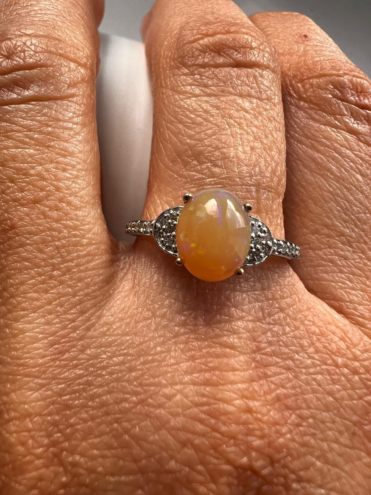 9ct Gold Oversized Statement Ring Opal Diamond Stones Size S 1/2 Hallmarked