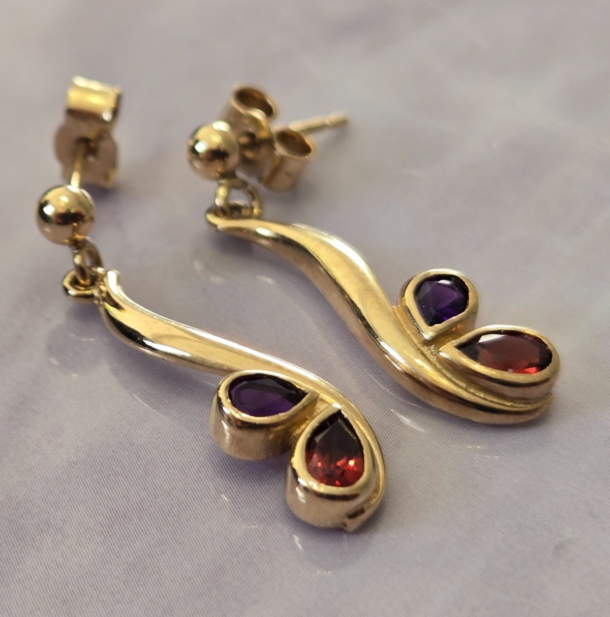 9ct Yellow Gold Amethyst Garnet Drop Earrings Floral Hallmarked 375 Jan Feb Gift