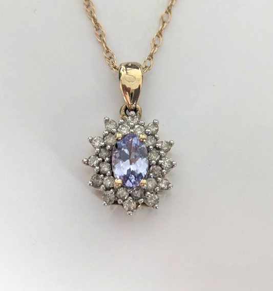 9ct Gold Oval Pendant Tanzanite Diamond 0.24ct Stones UK Hallmarked 1.7g