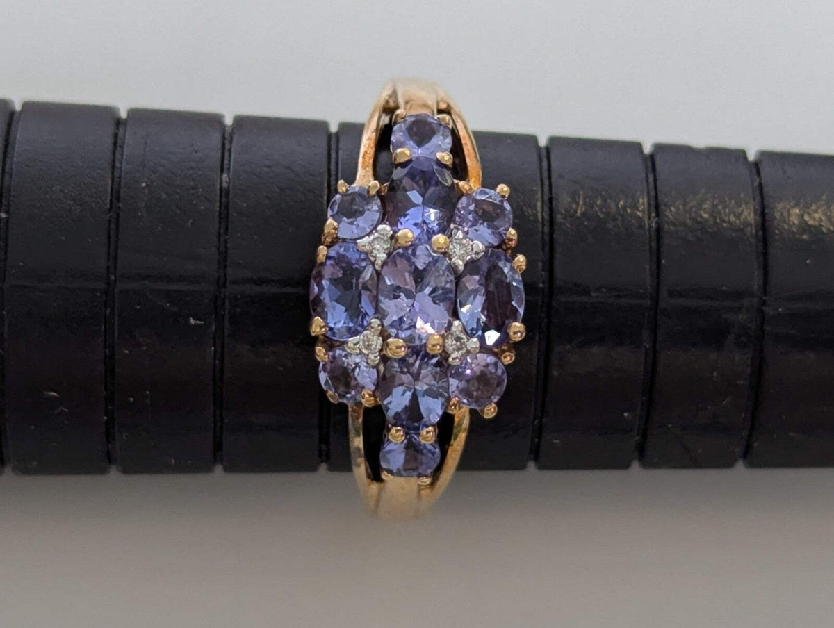 9ct Gold Ring Tanzanite and Diamond Solid Band Hallmark Size N 1/2