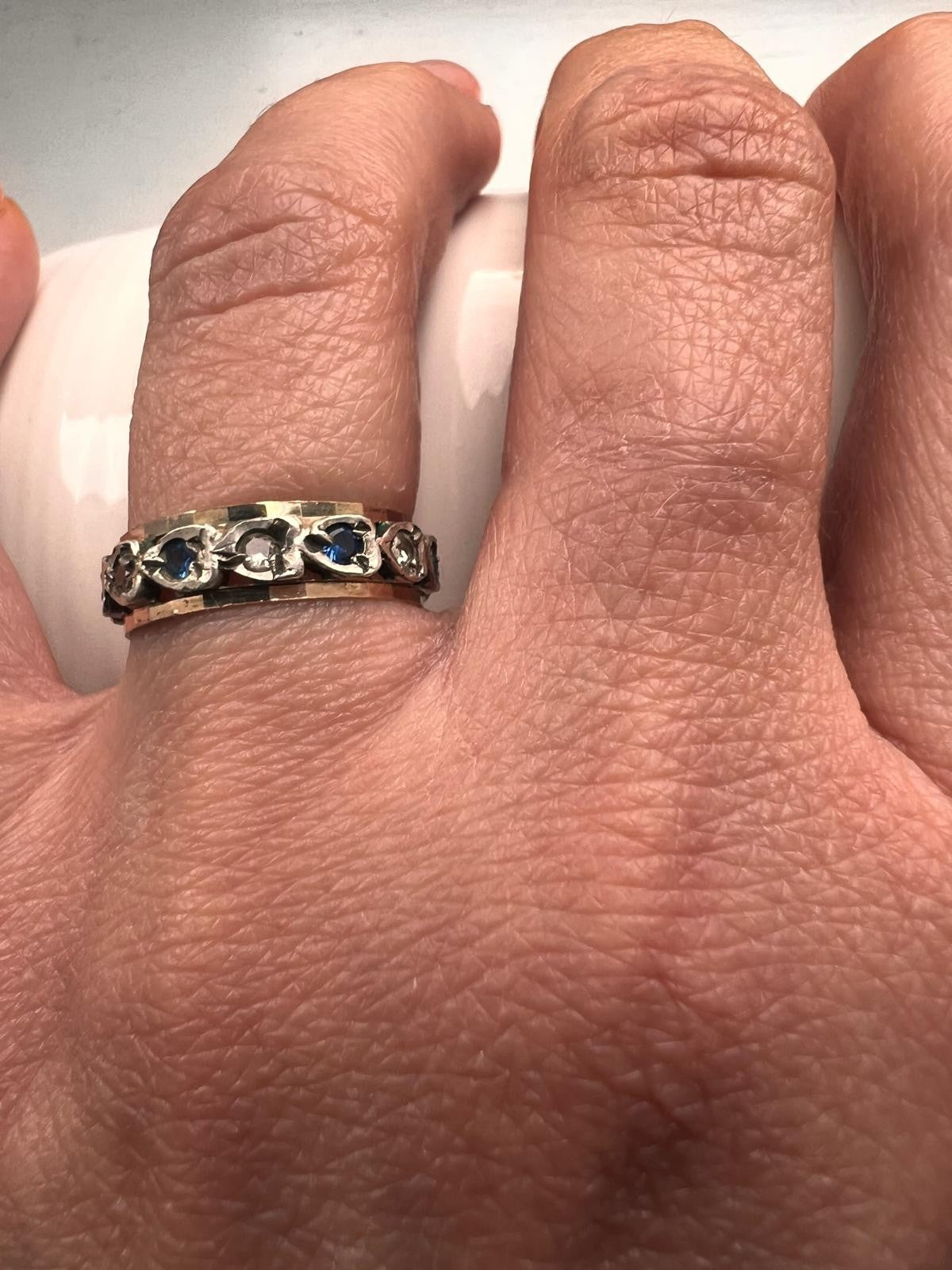 9ct Gold 925 Sterling Silver Spinel Blue Paste Ring Size L Eternity Band