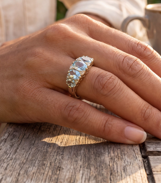 9ct Gold Ring Aquamarine and Diamond Sheffield Hallmark Size K 1/2