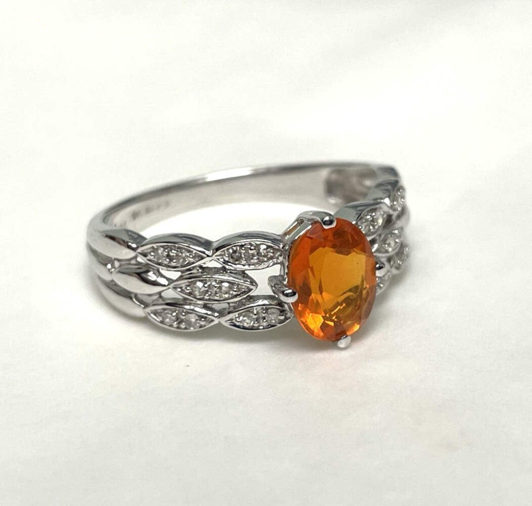 9ct White Gold Ring Opal and Diamond Solid Band Hallmark Size S