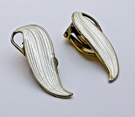 Finn Jensen Norwegian 925 Silver Gold Wash White Enamel Leaf Clip On Earrings