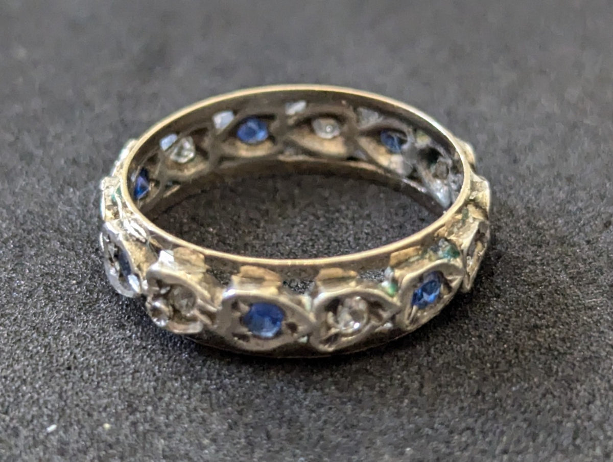 9ct Gold 925 Sterling Silver Spinel Blue Paste Ring Size L Eternity Band