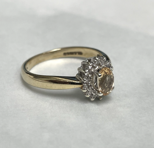 9ct Gold Ring Citrine and Diamonds Hallmarked Size L 1/2