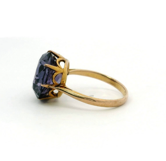 9ct Yellow Gold Round Purple Alexandrite Ring UK Size O 15x15mm 4.5g Stamped 9ct