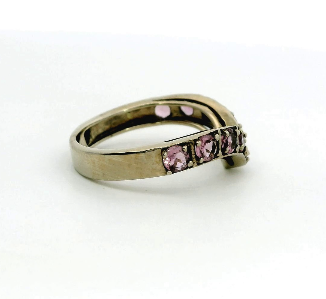 9ct White Gold Pink CZ Wishbone Ring Size N Hallmarked 375 V Shape Eternity 3g