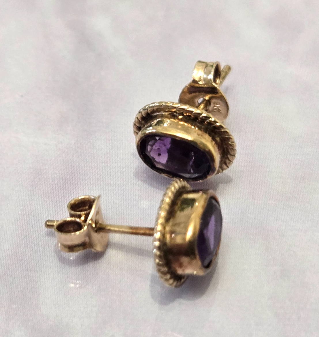 Amethyst Stud Earrings 9ct Yellow Gold Butterfly Backs Hallmarked Purple Stones