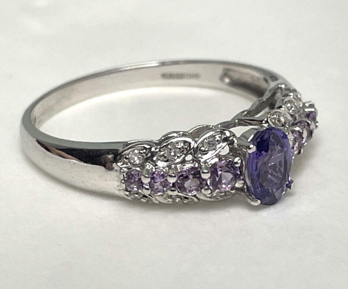 9ct White Gold Ring Amethyst and Diamond Solid Band Hallmark Size S