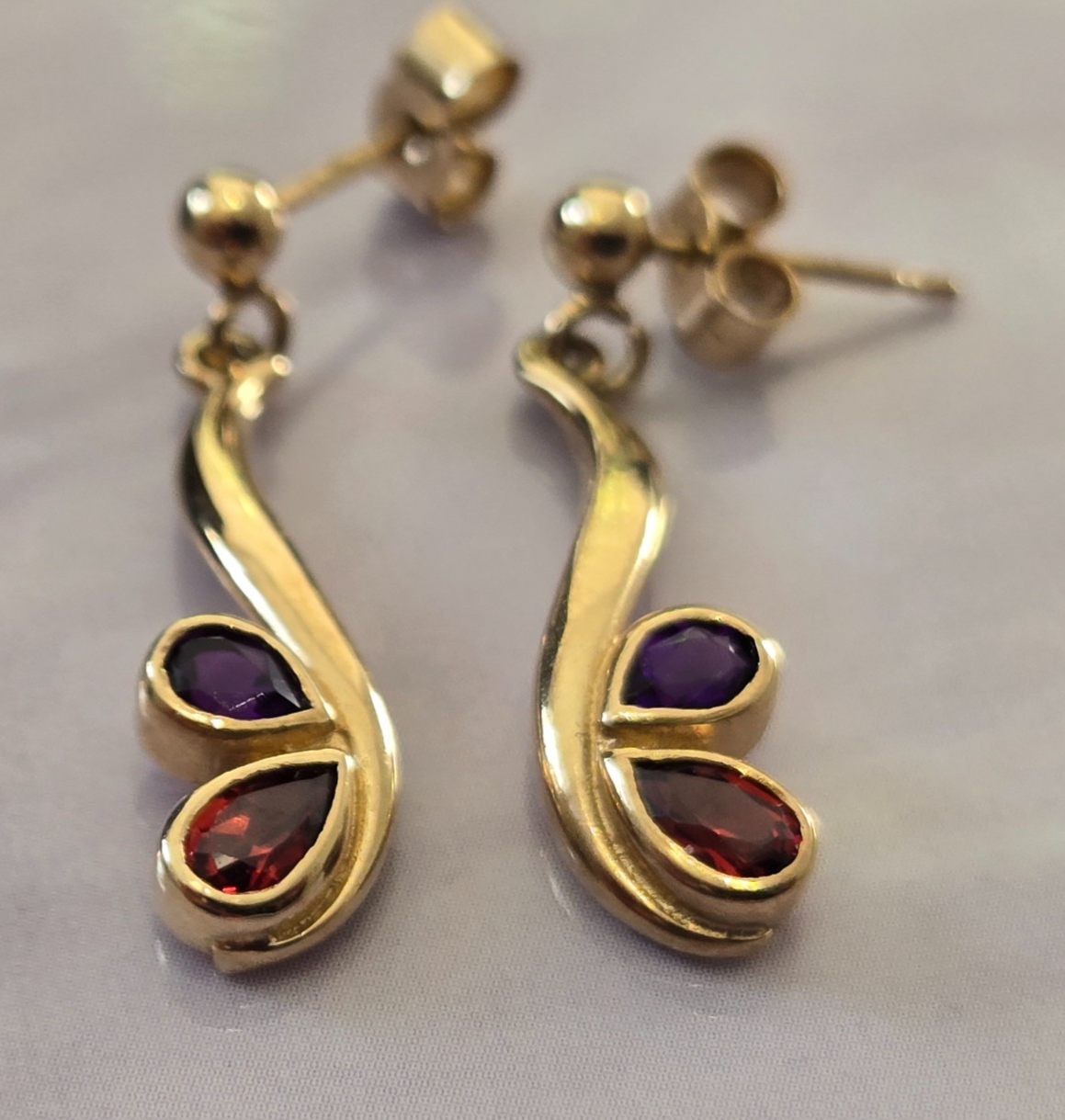 9ct Yellow Gold Amethyst Garnet Drop Earrings Floral Hallmarked 375 Jan Feb Gift