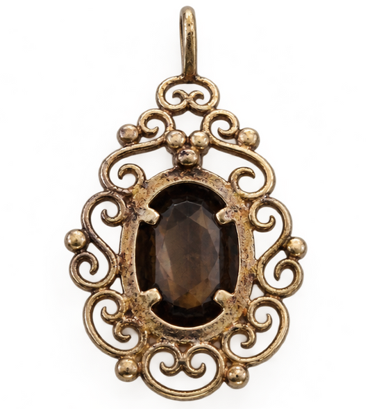 9ct Yellow Gold Pendant Smoky Quartz Ornate Filigree Scrollwork Border 2.3g