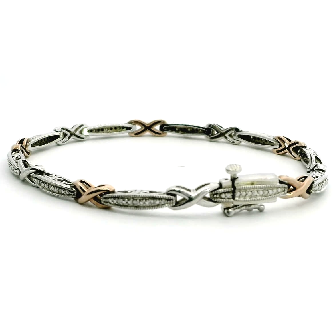 Gold Silver XO Hugs and Kisses Diamond Tennis Bracelet 925 375 Stamped 19cm Long