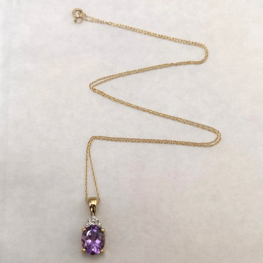 9ct Yellow Gold Amethyst Diamond Pendant Necklace 44cm Hallmarked Chain February