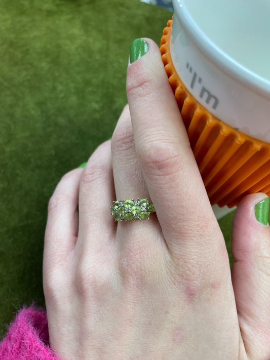 9ct Gold Peridot Diamond Ring Size M Hallmark 375 3 Row Cluster Aug 2.8g