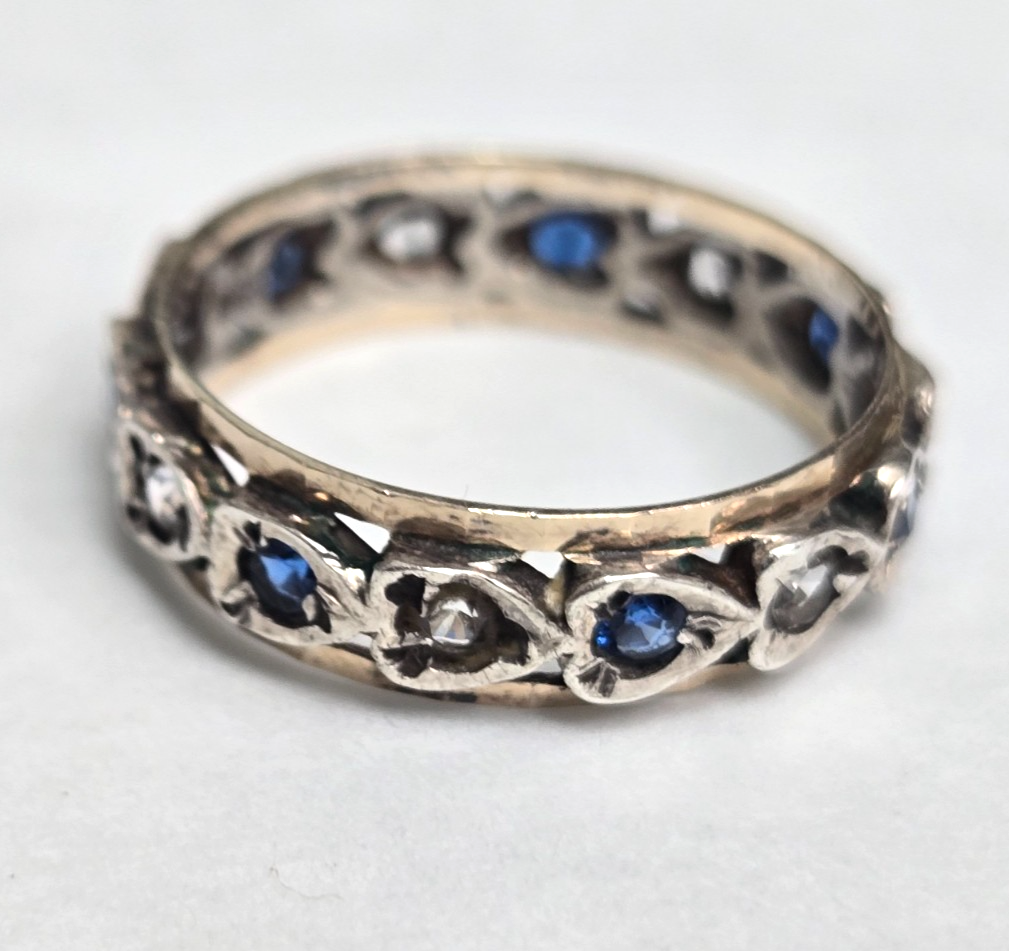 9ct Gold 925 Sterling Silver Spinel Blue Paste Ring Size L Eternity Band