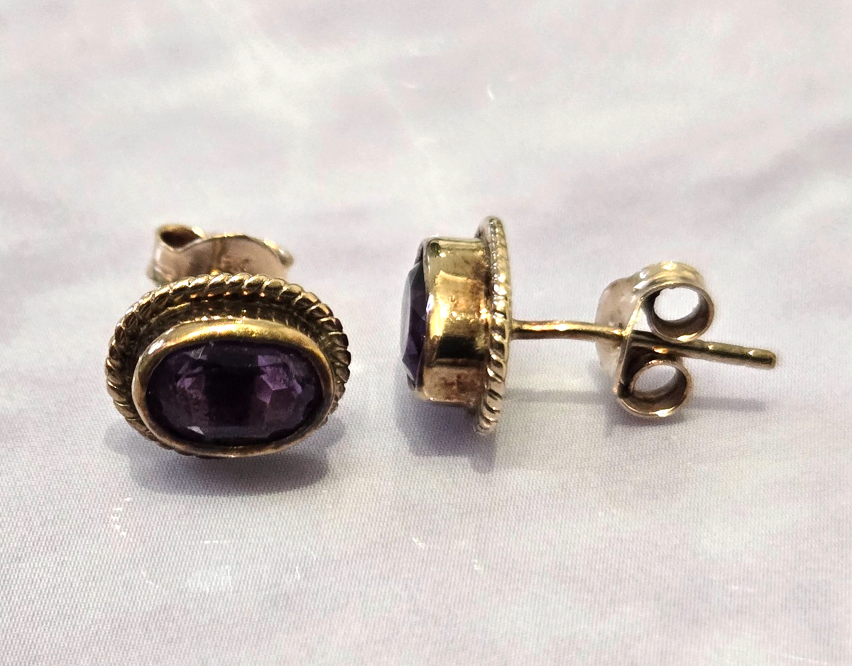 Amethyst Stud Earrings 9ct Yellow Gold Butterfly Backs Hallmarked Purple Stones