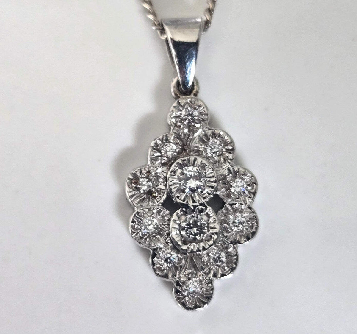 9ct White Gold Pendant Diamond Stones Solid Gold Hallmark 24mm x 11mm