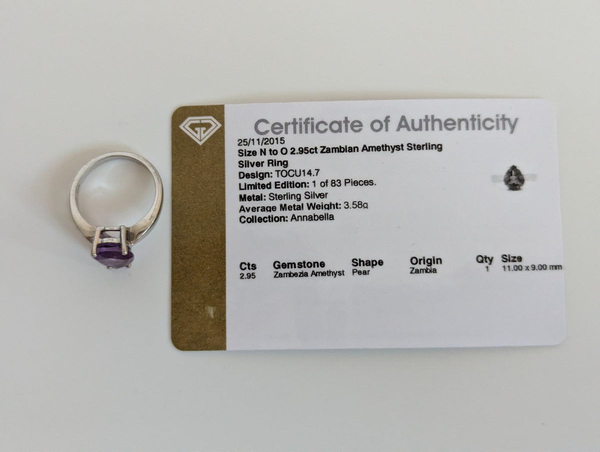 Silver Ring Amethyst 925 Stamped Size N Certificate 6g February Birthstone
