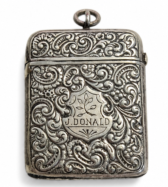 Antique Silver Plated Vesta Case Engraved Scroll Monogram Match Safe Pocket Stri